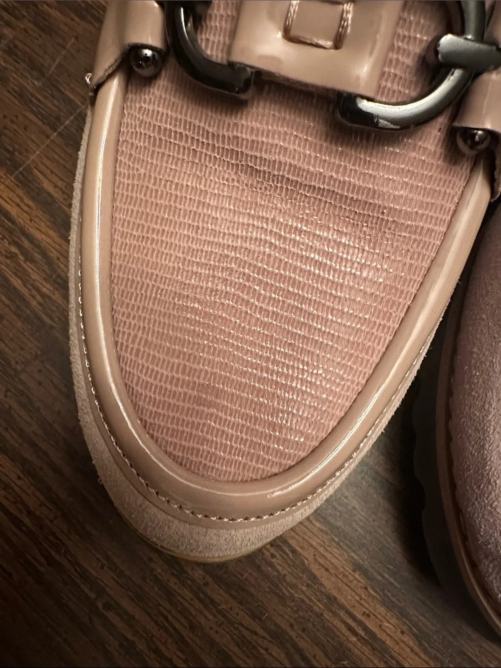 Donald J. Pliner Pale Pink Lizard-Texture Loafers with Metal Bit